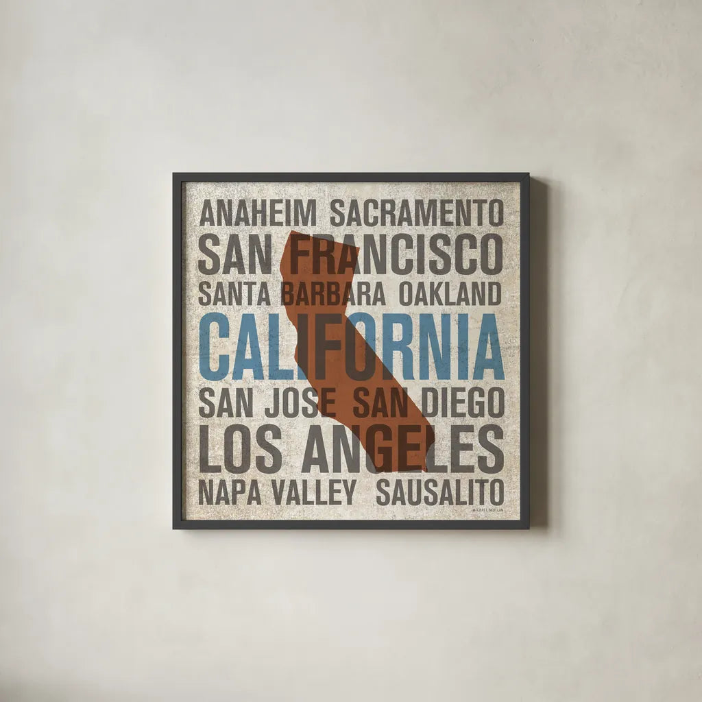 California V2 by Michael Mullan. Shown in a sleek black glass frame for a contemporary gallery look. Available as an archival giclee rolled canvas, fine art paper, or poster print. SKU 18059a.