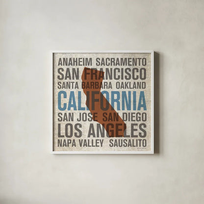 California V2 by Michael Mullan. Shown in a crisp white glass frame for a clean and minimalist style. Available as an archival giclee rolled canvas, fine art paper, or poster print. SKU 18059a.