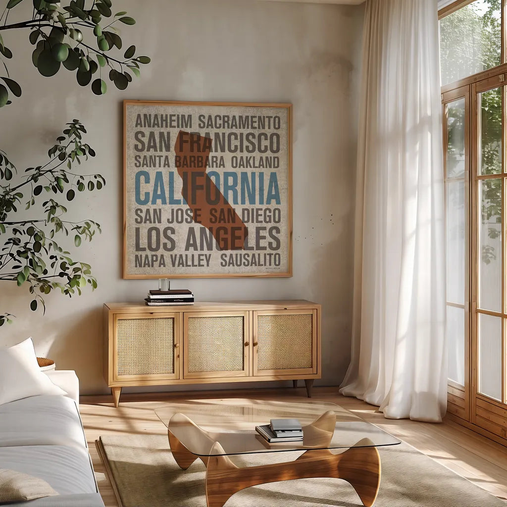 California V2 by Michael Mullan. Shown in a natural wood frame in a cozy modern living room. Available as an archival giclee rolled canvas, fine art paper, or poster print. SKU 18059a.