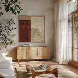 Cayenne Square I by Michael Mullan. Shown in a natural wood frame in a cozy modern living room. Available as an archival giclee rolled canvas, fine art paper, or poster print. SKU 50416a.