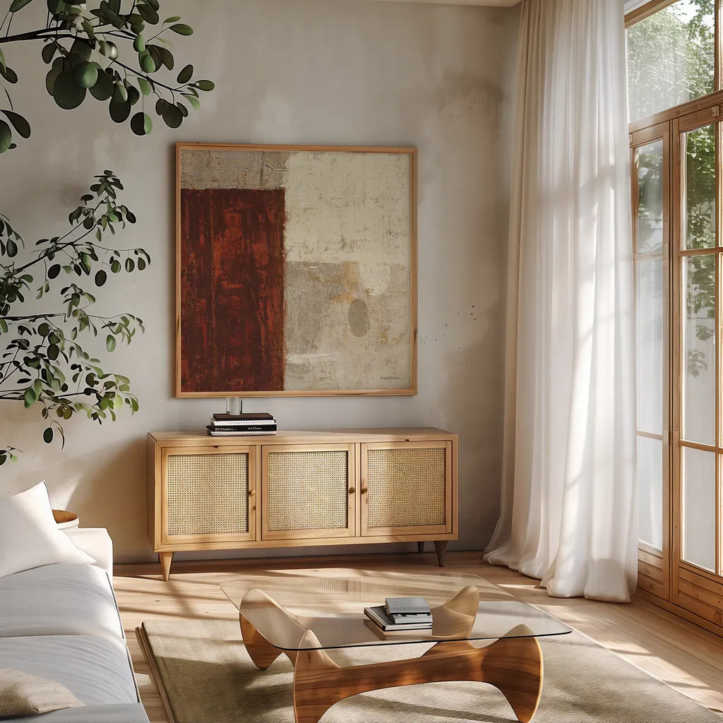 Cayenne Square I by Michael Mullan. Shown in a natural wood frame in a cozy modern living room. Available as an archival giclee rolled canvas, fine art paper, or poster print. SKU 50416a.