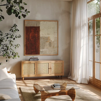 Cayenne Square I by Michael Mullan. Shown in a natural wood frame in a cozy modern living room. Available as an archival giclee rolled canvas, fine art paper, or poster print. SKU 50416a.