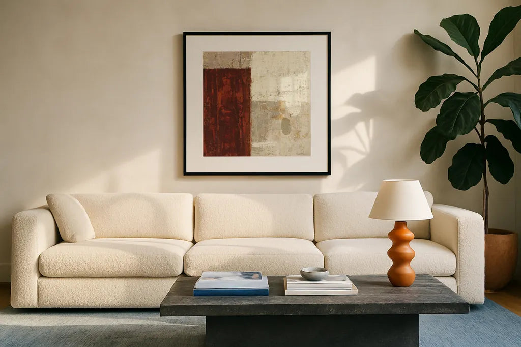 Cayenne Square I by Michael Mullan. Displayed in a glass frame with matte in a clean modern living room. Available as an archival giclee rolled canvas, fine art paper, or poster print. SKU 50416a.