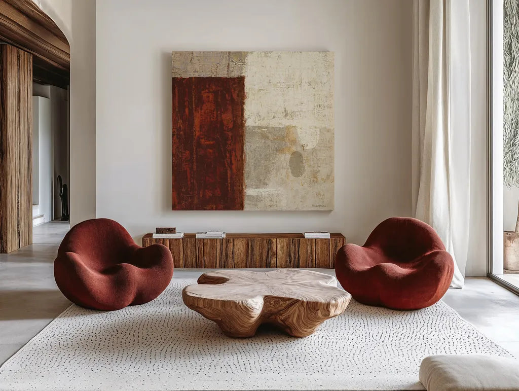 Cayenne Square I by Michael Mullan. Shown as extra-large giant wall art in a modern living room. Available as an archival giclee rolled canvas, fine art paper, or poster print. SKU 50416a.