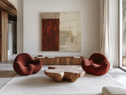 Cayenne Square I by Michael Mullan. Shown as extra-large giant wall art in a modern living room. Available as an archival giclee rolled canvas, fine art paper, or poster print. SKU 50416a.