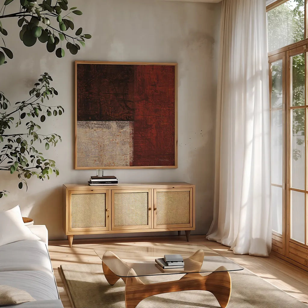 Cayenne Square II by Michael Mullan. Shown in a natural wood frame in a cozy modern living room. Available as an archival giclee rolled canvas, fine art paper, or poster print. SKU 50417a.