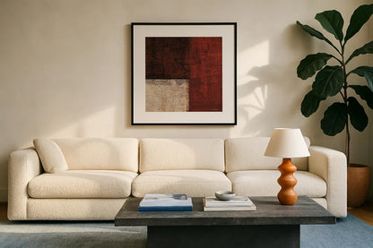 Cayenne Square II by Michael Mullan. Displayed in a glass frame with matte in a clean modern living room. Available as an archival giclee rolled canvas, fine art paper, or poster print. SKU 50417a.