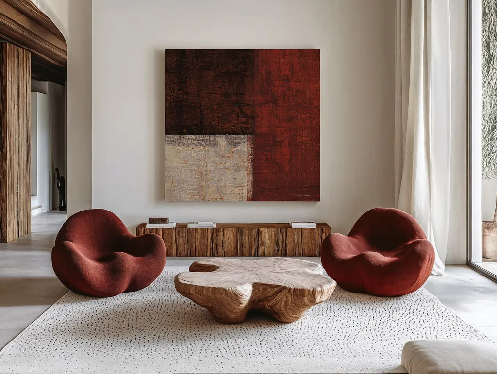 Cayenne Square II by Michael Mullan. Shown as extra-large giant wall art in a modern living room. Available as an archival giclee rolled canvas, fine art paper, or poster print. SKU 50417a.