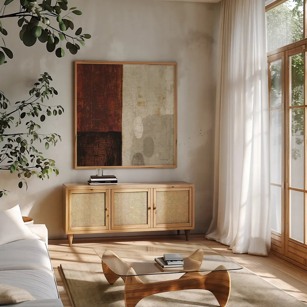 Cayenne Square III by Michael Mullan. Shown in a natural wood frame in a cozy modern living room. Available as an archival giclee rolled canvas, fine art paper, or poster print. SKU 50418a.