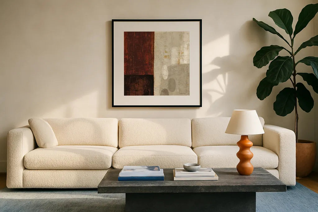 Cayenne Square III by Michael Mullan. Displayed in a glass frame with matte in a clean modern living room. Available as an archival giclee rolled canvas, fine art paper, or poster print. SKU 50418a.