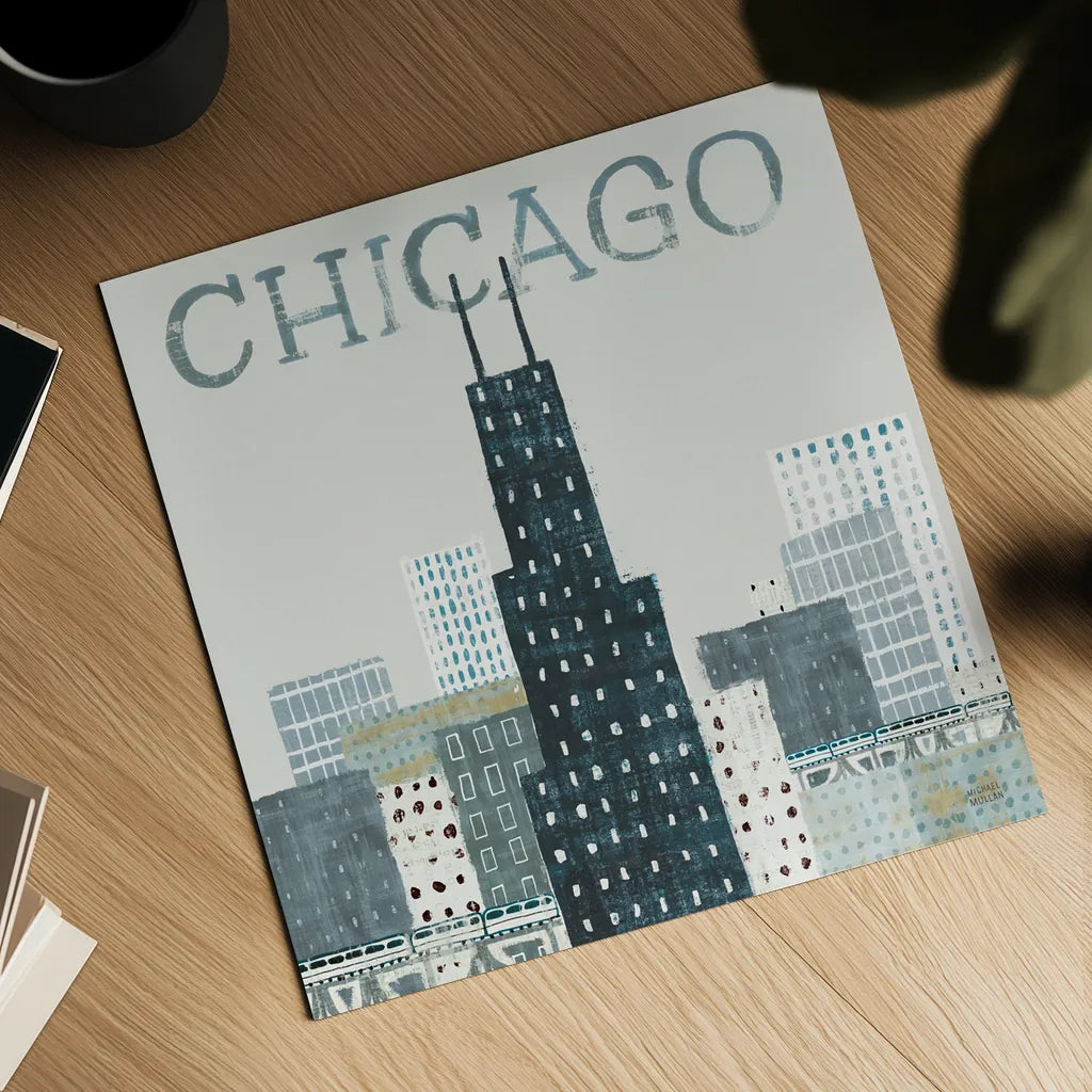 Chicago Landmarks I by Michael Mullan. Shown as a detailed flat fine art print, highlighting archival giclee quality. Available as an archival giclee rolled canvas, fine art paper, or poster print. SKU 82574a.