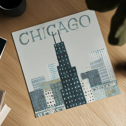 Chicago Landmarks I by Michael Mullan. Shown as a detailed flat fine art print, highlighting archival giclee quality. Available as an archival giclee rolled canvas, fine art paper, or poster print. SKU 82574a.