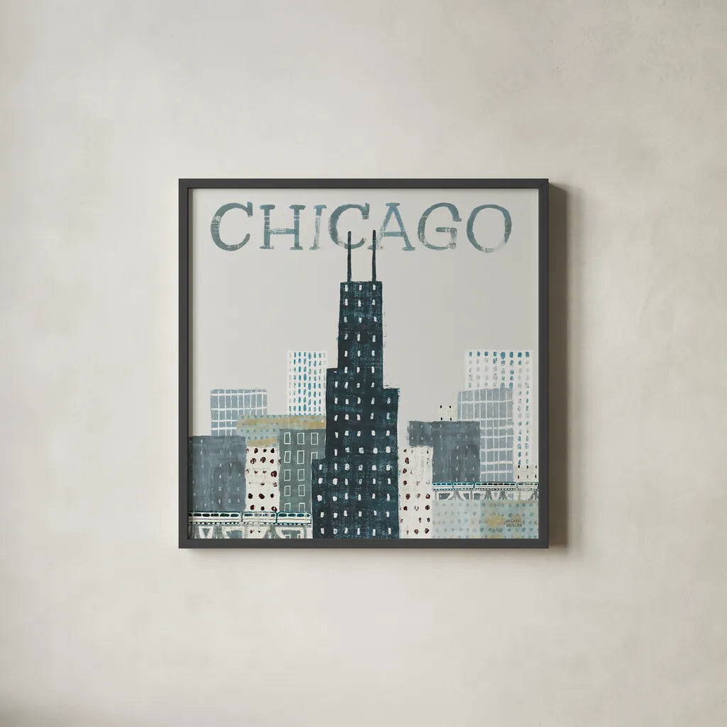 Chicago Landmarks I by Michael Mullan. Shown in a sleek black glass frame for a contemporary gallery look. Available as an archival giclee rolled canvas, fine art paper, or poster print. SKU 82574a.