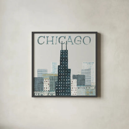 Chicago Landmarks I by Michael Mullan. Shown in a sleek black glass frame for a contemporary gallery look. Available as an archival giclee rolled canvas, fine art paper, or poster print. SKU 82574a.