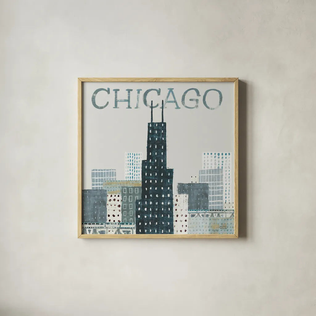 Chicago Landmarks I by Michael Mullan. Shown in a natural wood glass frame for a timeless modern aesthetic. Available as an archival giclee rolled canvas, fine art paper, or poster print. SKU 82574a.