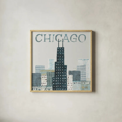 Chicago Landmarks I by Michael Mullan. Shown in a natural wood glass frame for a timeless modern aesthetic. Available as an archival giclee rolled canvas, fine art paper, or poster print. SKU 82574a.