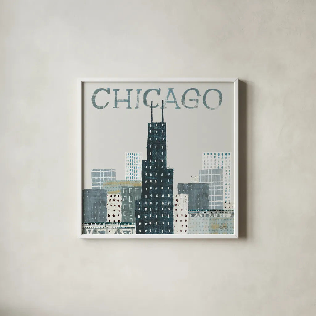 Chicago Landmarks I by Michael Mullan. Shown in a crisp white glass frame for a clean and minimalist style. Available as an archival giclee rolled canvas, fine art paper, or poster print. SKU 82574a.