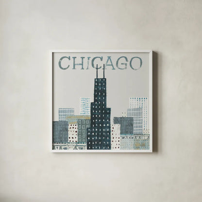 Chicago Landmarks I by Michael Mullan. Shown in a crisp white glass frame for a clean and minimalist style. Available as an archival giclee rolled canvas, fine art paper, or poster print. SKU 82574a.