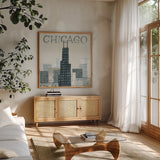 Chicago Landmarks I by Michael Mullan. Shown in a natural wood frame in a cozy modern living room. Available as an archival giclee rolled canvas, fine art paper, or poster print. SKU 82574a.