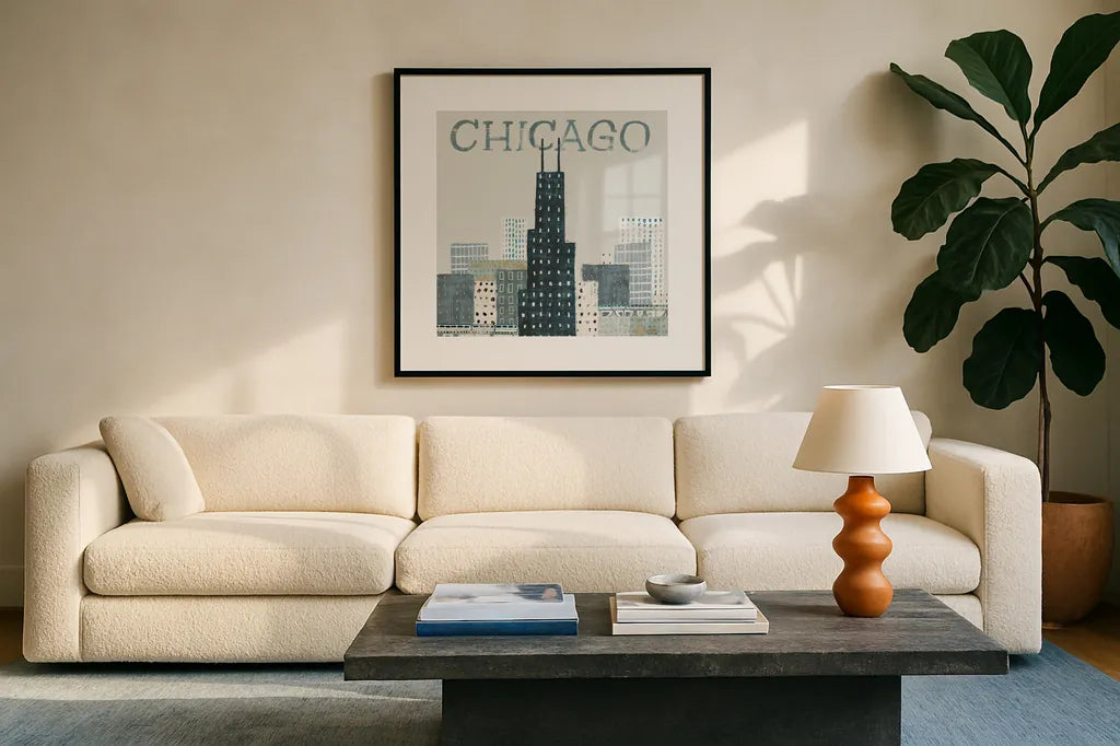 Chicago Landmarks I by Michael Mullan. Displayed in a glass frame with matte in a clean modern living room. Available as an archival giclee rolled canvas, fine art paper, or poster print. SKU 82574a.