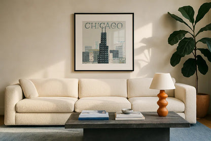 Chicago Landmarks I by Michael Mullan. Displayed in a glass frame with matte in a clean modern living room. Available as an archival giclee rolled canvas, fine art paper, or poster print. SKU 82574a.