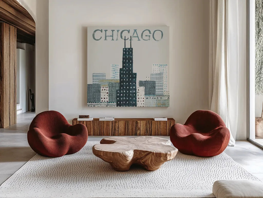 Chicago Landmarks I by Michael Mullan. Shown as extra-large giant wall art in a modern living room. Available as an archival giclee rolled canvas, fine art paper, or poster print. SKU 82574a.