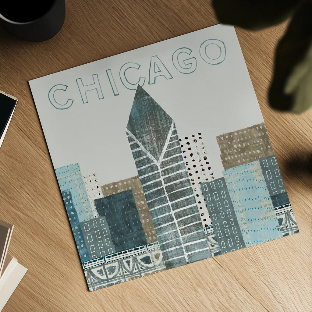 Chicago Landmarks II by Michael Mullan. Shown as a detailed flat fine art print, highlighting archival giclee quality. Available as an archival giclee rolled canvas, fine art paper, or poster print. SKU 82575a.