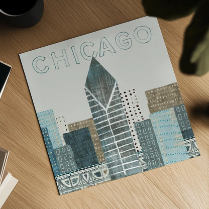 Chicago Landmarks II by Michael Mullan. Shown as a detailed flat fine art print, highlighting archival giclee quality. Available as an archival giclee rolled canvas, fine art paper, or poster print. SKU 82575a.