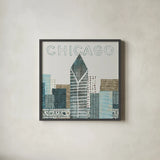 Chicago Landmarks II by Michael Mullan. Shown in a sleek black glass frame for a contemporary gallery look. Available as an archival giclee rolled canvas, fine art paper, or poster print. SKU 82575a.