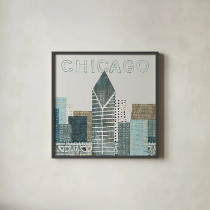 Chicago Landmarks II by Michael Mullan. Shown in a sleek black glass frame for a contemporary gallery look. Available as an archival giclee rolled canvas, fine art paper, or poster print. SKU 82575a.