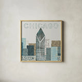 Chicago Landmarks II by Michael Mullan. Shown in a natural wood glass frame for a timeless modern aesthetic. Available as an archival giclee rolled canvas, fine art paper, or poster print. SKU 82575a.