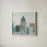 Chicago Landmarks II by Michael Mullan. Shown in a crisp white glass frame for a clean and minimalist style. Available as an archival giclee rolled canvas, fine art paper, or poster print. SKU 82575a.