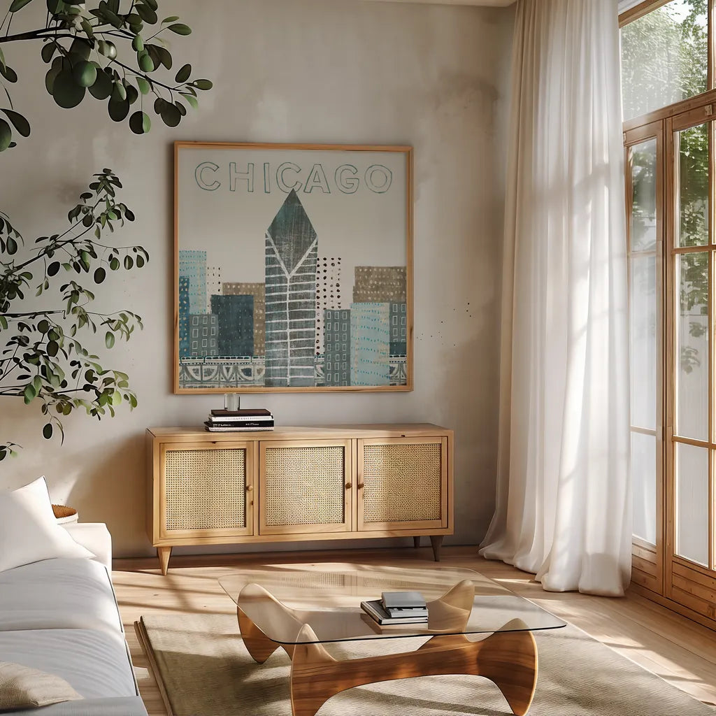 Chicago Landmarks II by Michael Mullan. Shown in a natural wood frame in a cozy modern living room. Available as an archival giclee rolled canvas, fine art paper, or poster print. SKU 82575a.