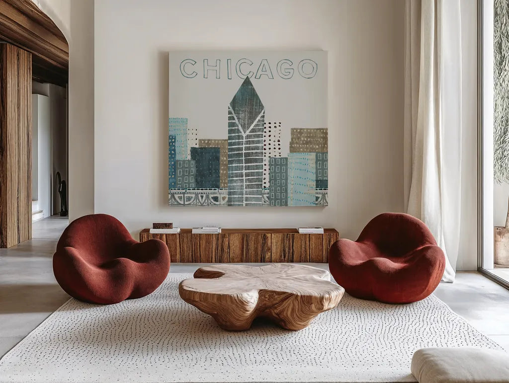Chicago Landmarks II by Michael Mullan. Shown as extra-large giant wall art in a modern living room. Available as an archival giclee rolled canvas, fine art paper, or poster print. SKU 82575a.