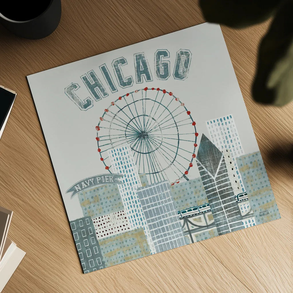 Chicago Landmarks III by Michael Mullan. Shown as a detailed flat fine art print, highlighting archival giclee quality. Available as an archival giclee rolled canvas, fine art paper, or poster print. SKU 82576a.