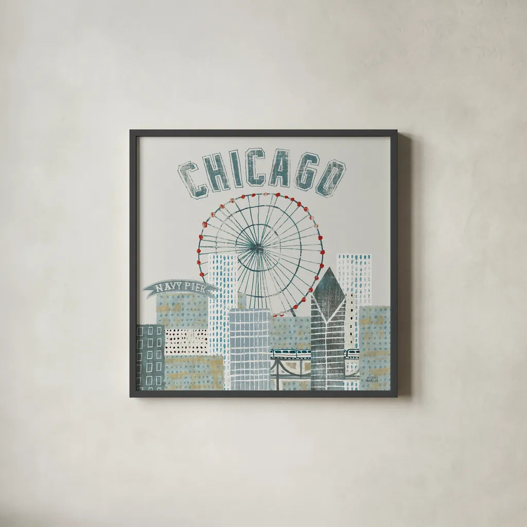 Chicago Landmarks III by Michael Mullan. Shown in a sleek black glass frame for a contemporary gallery look. Available as an archival giclee rolled canvas, fine art paper, or poster print. SKU 82576a.