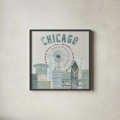 Chicago Landmarks III by Michael Mullan. Shown in a sleek black glass frame for a contemporary gallery look. Available as an archival giclee rolled canvas, fine art paper, or poster print. SKU 82576a.