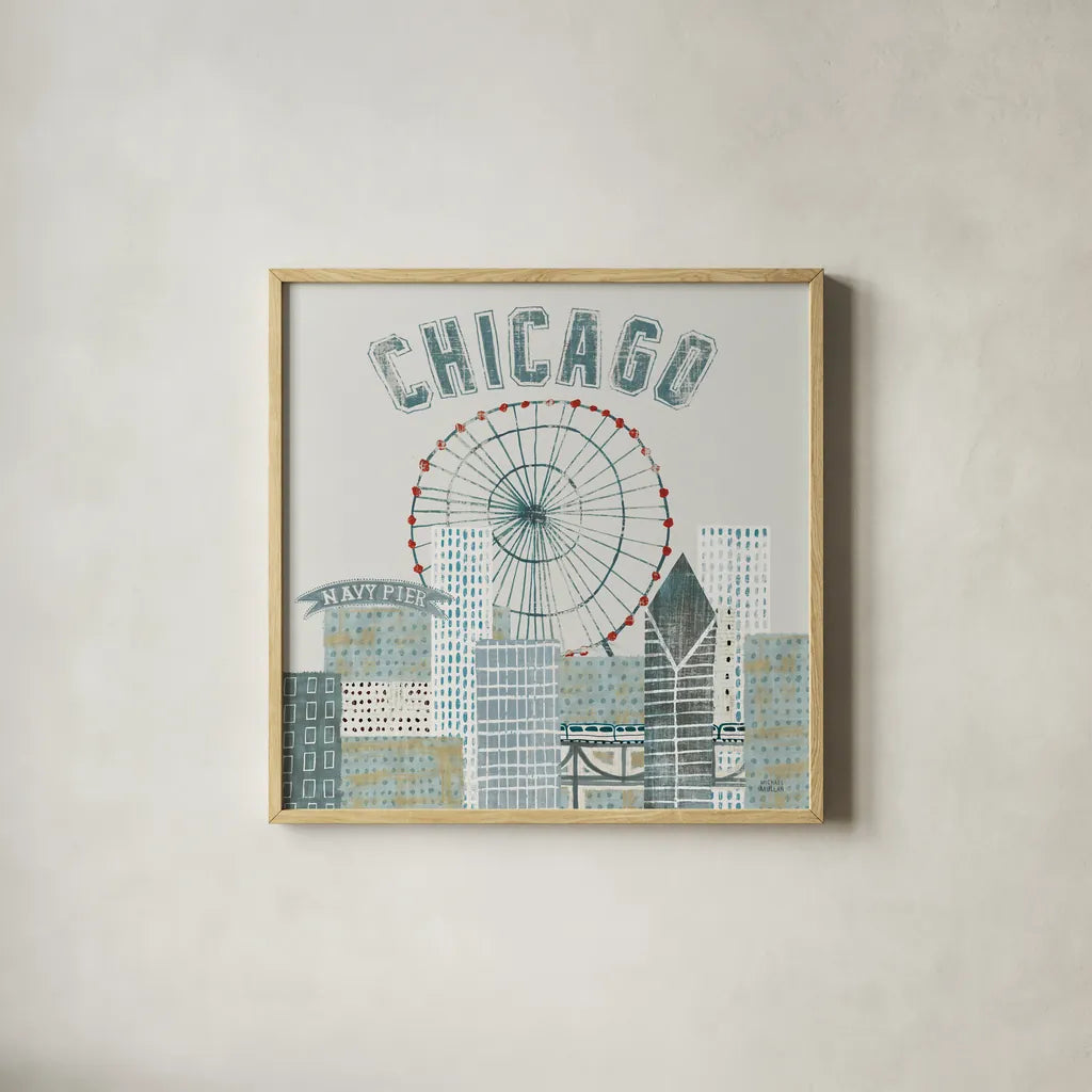 Chicago Landmarks III by Michael Mullan. Shown in a natural wood glass frame for a timeless modern aesthetic. Available as an archival giclee rolled canvas, fine art paper, or poster print. SKU 82576a.