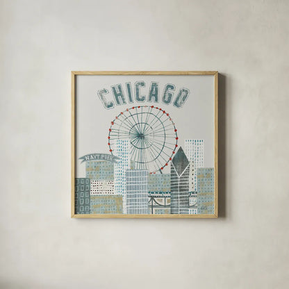 Chicago Landmarks III by Michael Mullan. Shown in a natural wood glass frame for a timeless modern aesthetic. Available as an archival giclee rolled canvas, fine art paper, or poster print. SKU 82576a.