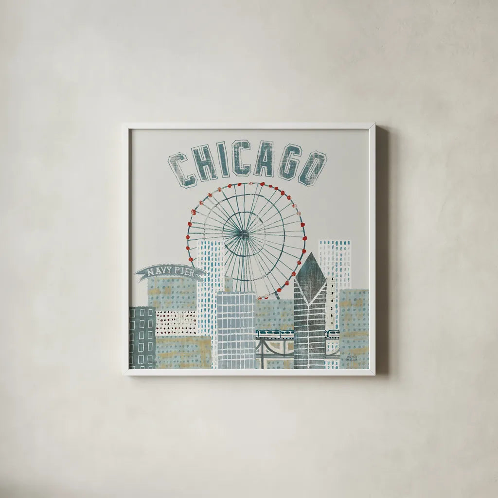 Chicago Landmarks III by Michael Mullan. Shown in a crisp white glass frame for a clean and minimalist style. Available as an archival giclee rolled canvas, fine art paper, or poster print. SKU 82576a.