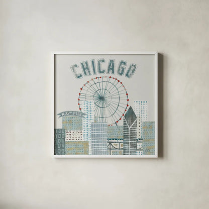 Chicago Landmarks III by Michael Mullan. Shown in a crisp white glass frame for a clean and minimalist style. Available as an archival giclee rolled canvas, fine art paper, or poster print. SKU 82576a.