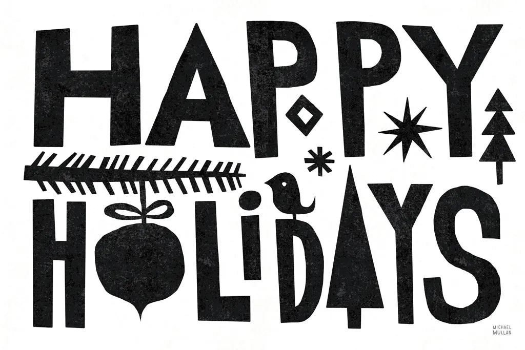 Christmas Whimsy Happy Holidays Black by Michael Mullan. SKU 79981i. Archival Giclee Fine art print for wall decor.