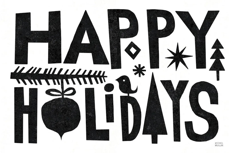 Christmas Whimsy Happy Holidays Black by Michael Mullan. SKU 79981i. Archival Giclee Fine art print for wall decor.