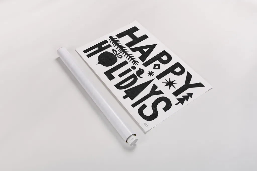 Christmas Whimsy Happy Holidays Black by Michael Mullan. shown as a rolled paper print. Available as archival giclee rolled canvas, fine art paper, or poster print. SKU 79981i.