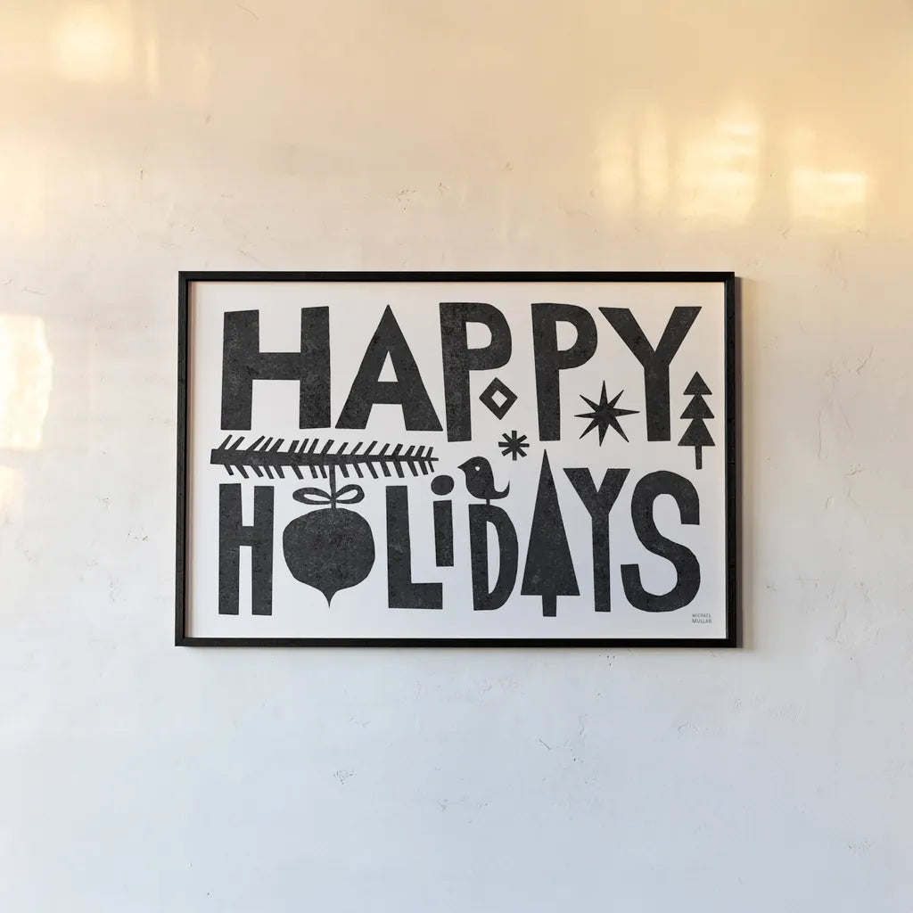 Christmas Whimsy Happy Holidays Black by Michael Mullan. shown as a paper print in a black flame. Available as a archival giclee rolled canvas, fine art paper, or poster print. SKU 79981i.