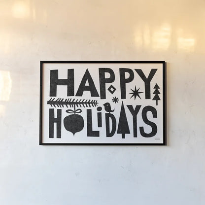 Christmas Whimsy Happy Holidays Black by Michael Mullan. shown as a paper print in a black flame. Available as a archival giclee rolled canvas, fine art paper, or poster print. SKU 79981i.