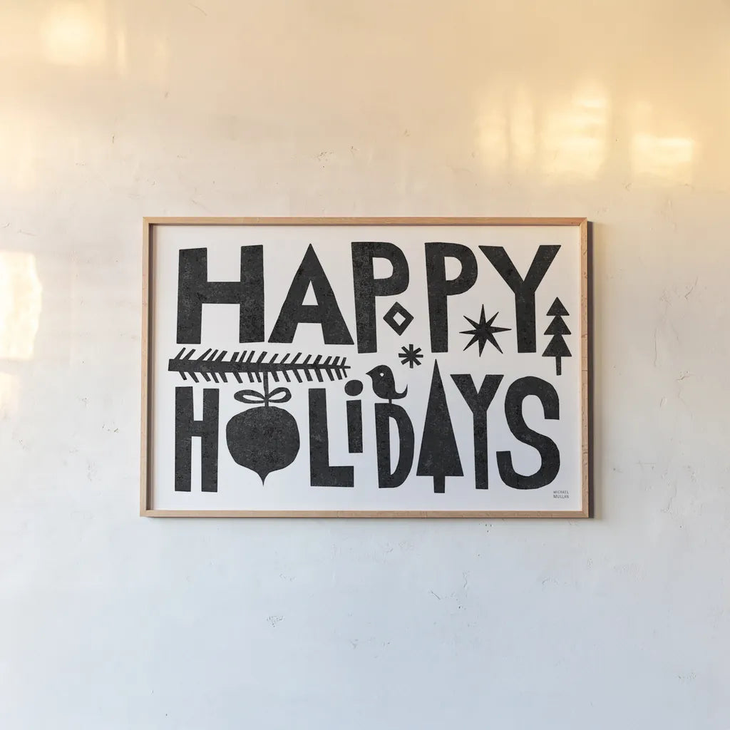 Christmas Whimsy Happy Holidays Black by Michael Mullan. shown as a paper print in a natural frame. Available as a archival giclee rolled canvas, fine art paper, or poster print. SKU 79981i.