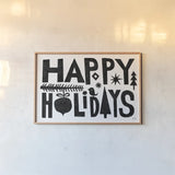 Christmas Whimsy Happy Holidays Black by Michael Mullan. shown as a paper print in a natural frame. Available as a archival giclee rolled canvas, fine art paper, or poster print. SKU 79981i.
