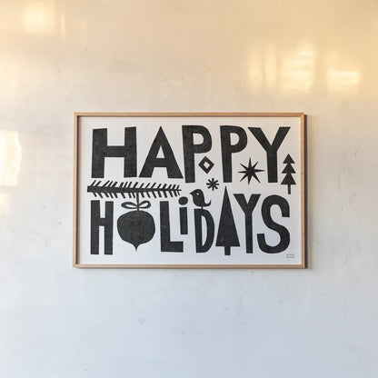 Christmas Whimsy Happy Holidays Black by Michael Mullan. shown as a paper print in a natural frame. Available as a archival giclee rolled canvas, fine art paper, or poster print. SKU 79981i.