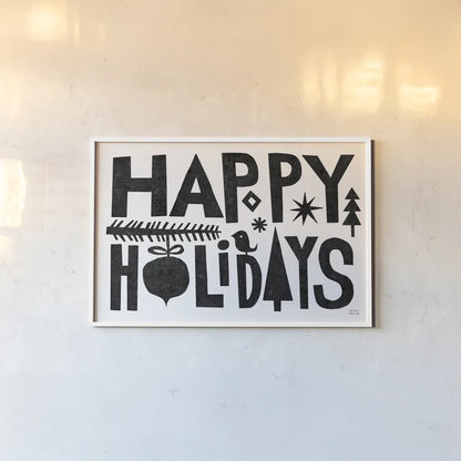 Christmas Whimsy Happy Holidays Black by Michael Mullan. shown as a paper print in a white frame. Available as a archival giclee rolled canvas, fine art paper, or poster print. SKU 79981i.